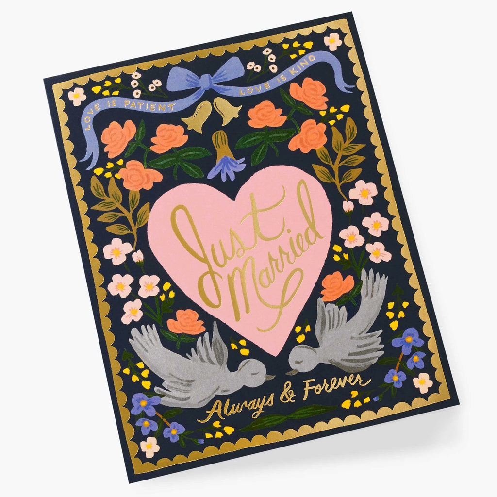 Angle View Of Just Married Heart And Birds Card