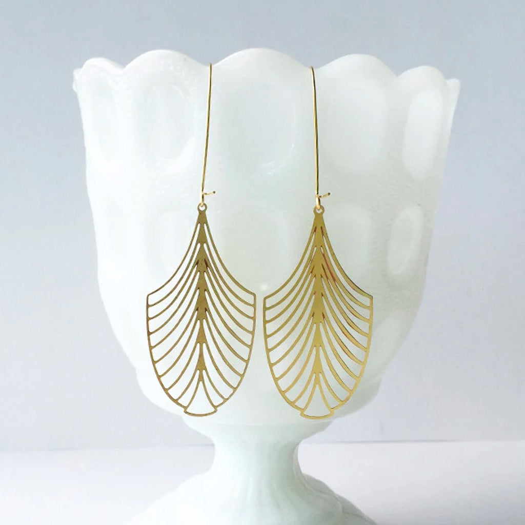 Art Deco Leaf Earrings Gold.