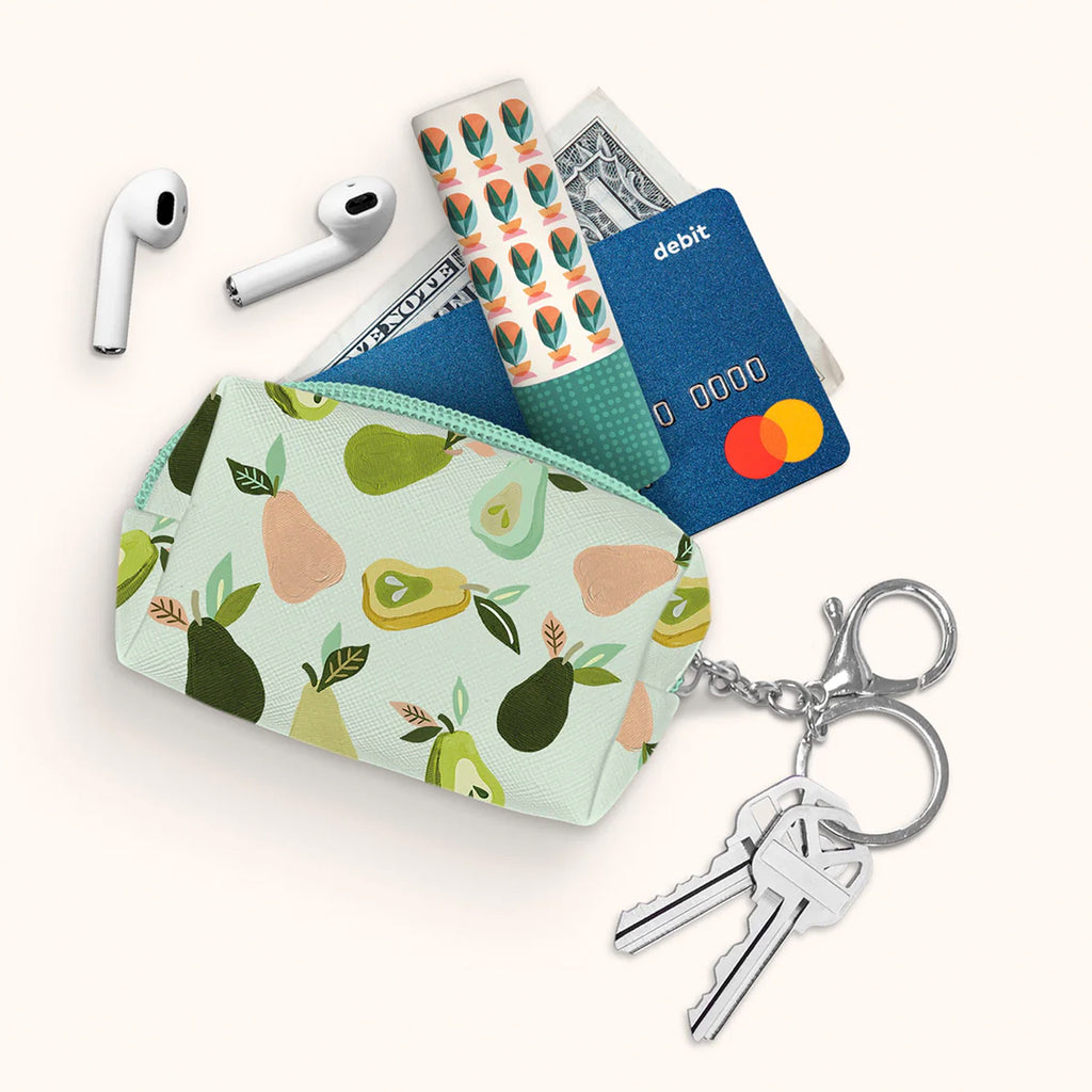 Au Pears Key Chain Pouch with items spilling out.