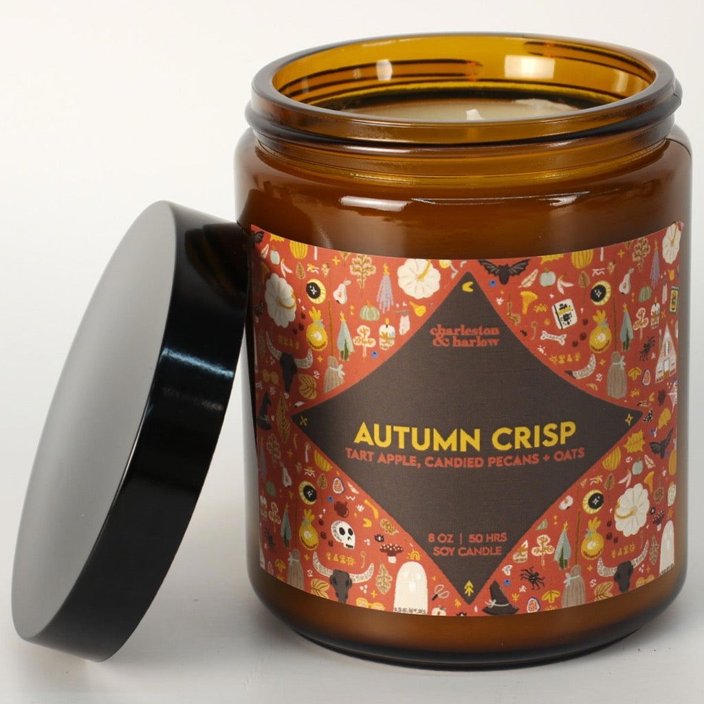 Autumn Crisp Soy Wax Candle with lid off.