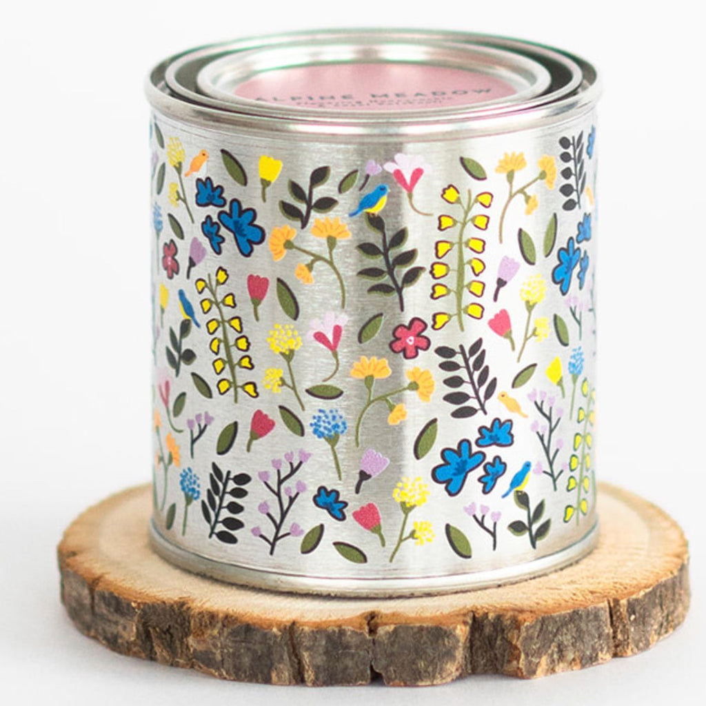 Back of Alpine Meadow Paint Tin Candles.