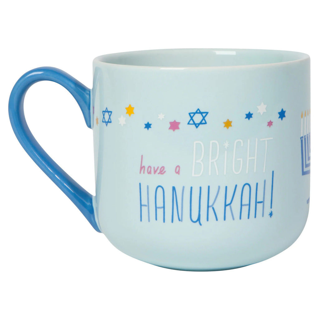 Back view of bright Hanukkah mug.