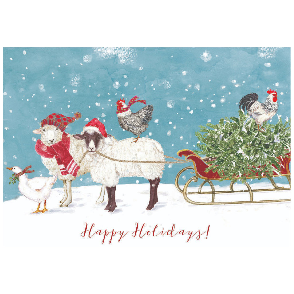 Barnyard Sleigh Happy Holidays Card.