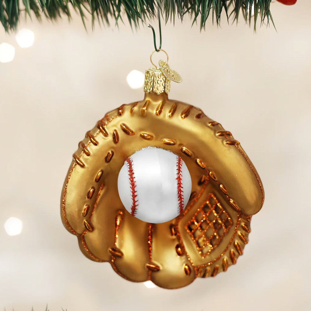 Baseball Mitt Ornament in tree.