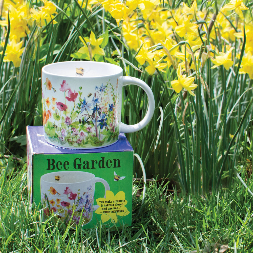 Bee Garden Mug in garden.