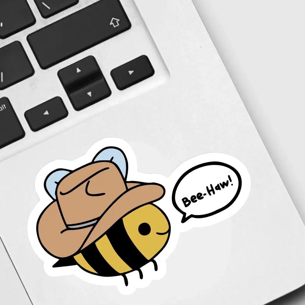 Bee-Haw! Sticker on computer.