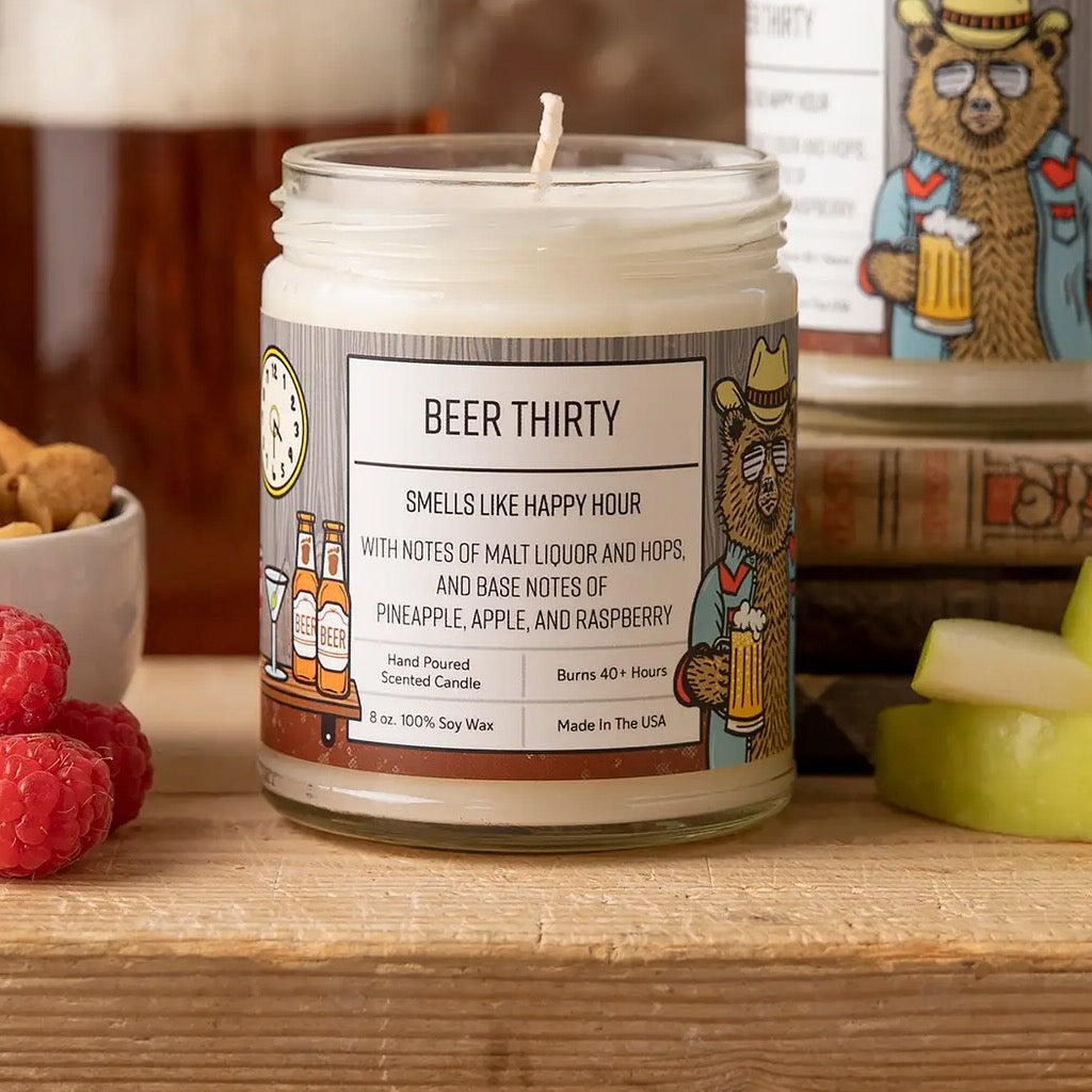 Beer Thirty 8oz Soy Candle on table.