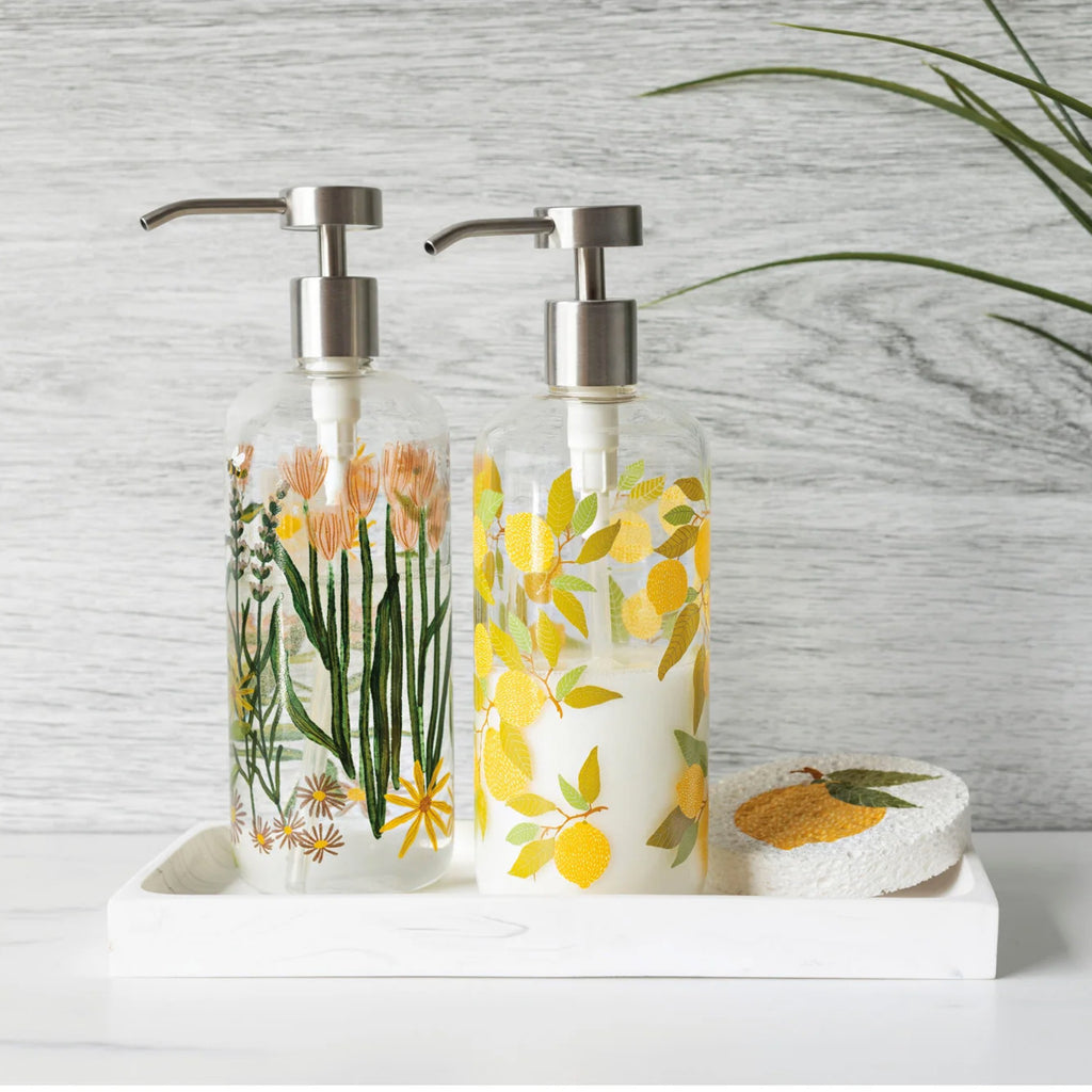 Bees & Blooms Glass Soap Pump by sink.