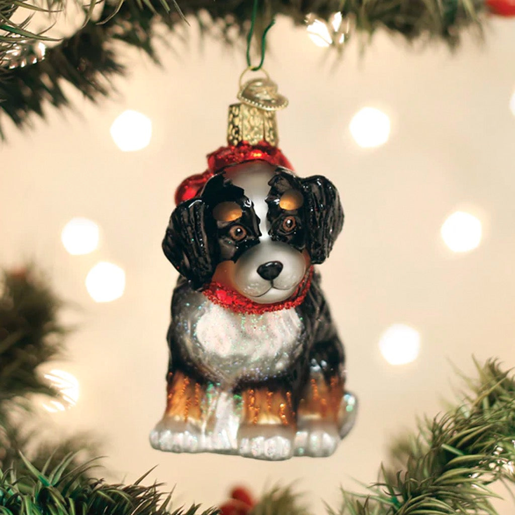 Bernedoodle Puppy Ornament in tree.