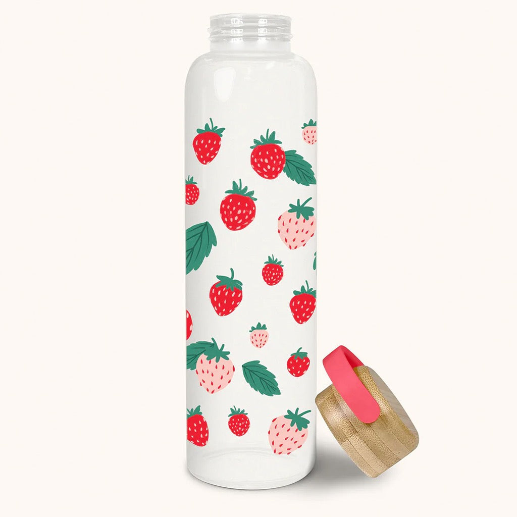 Berry Fresh Glass Water Bottle with Bamboo Lid open.