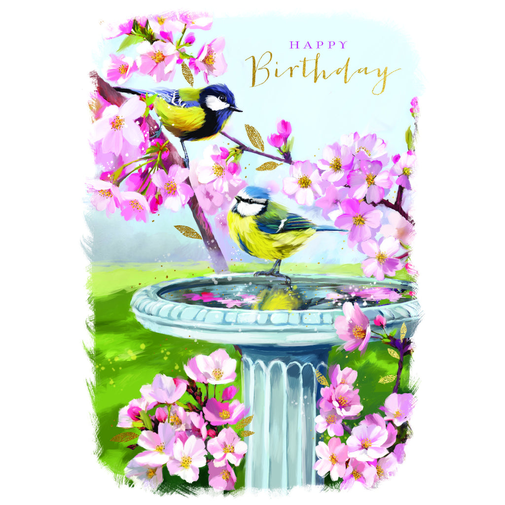 Bird Bath & Blossoms Birthday Card.