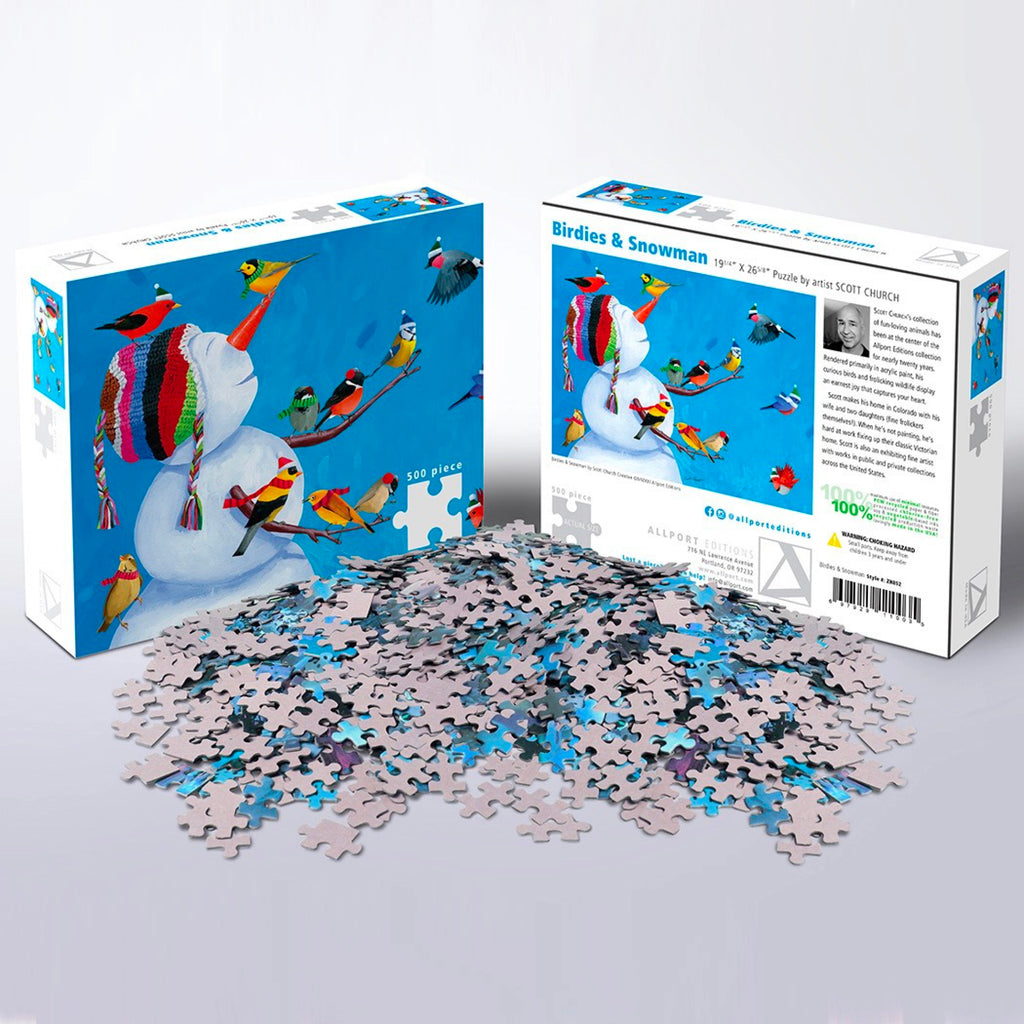 Birdies and Snowman 500 Piece Puzzle box open.