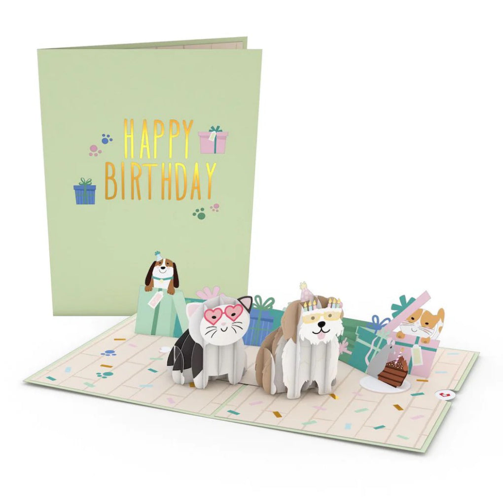 Birthday Cats and Dogs Pop-Up Card open and closed.