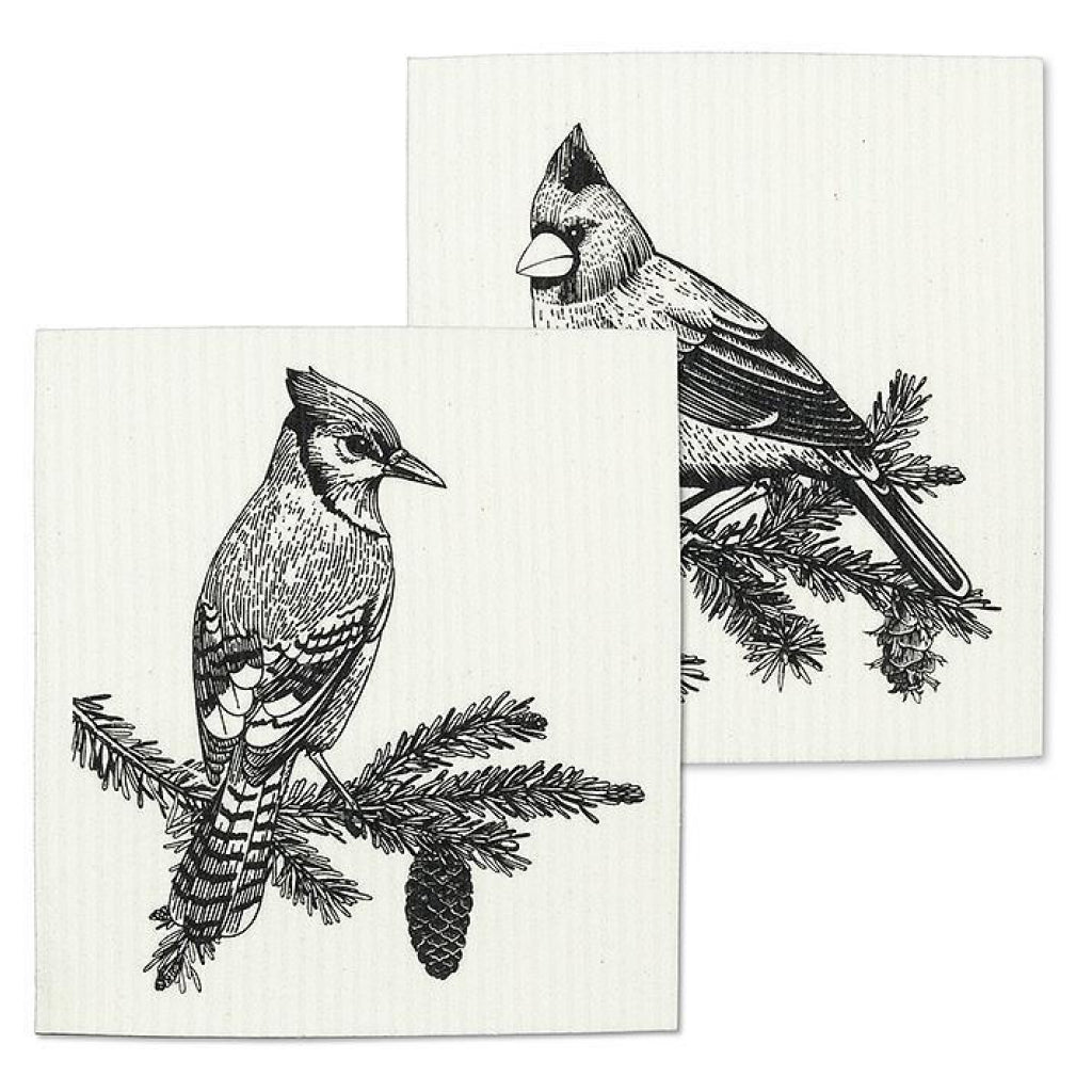 Black & White Winter Birds Swedish Dishcloths Set of 2.