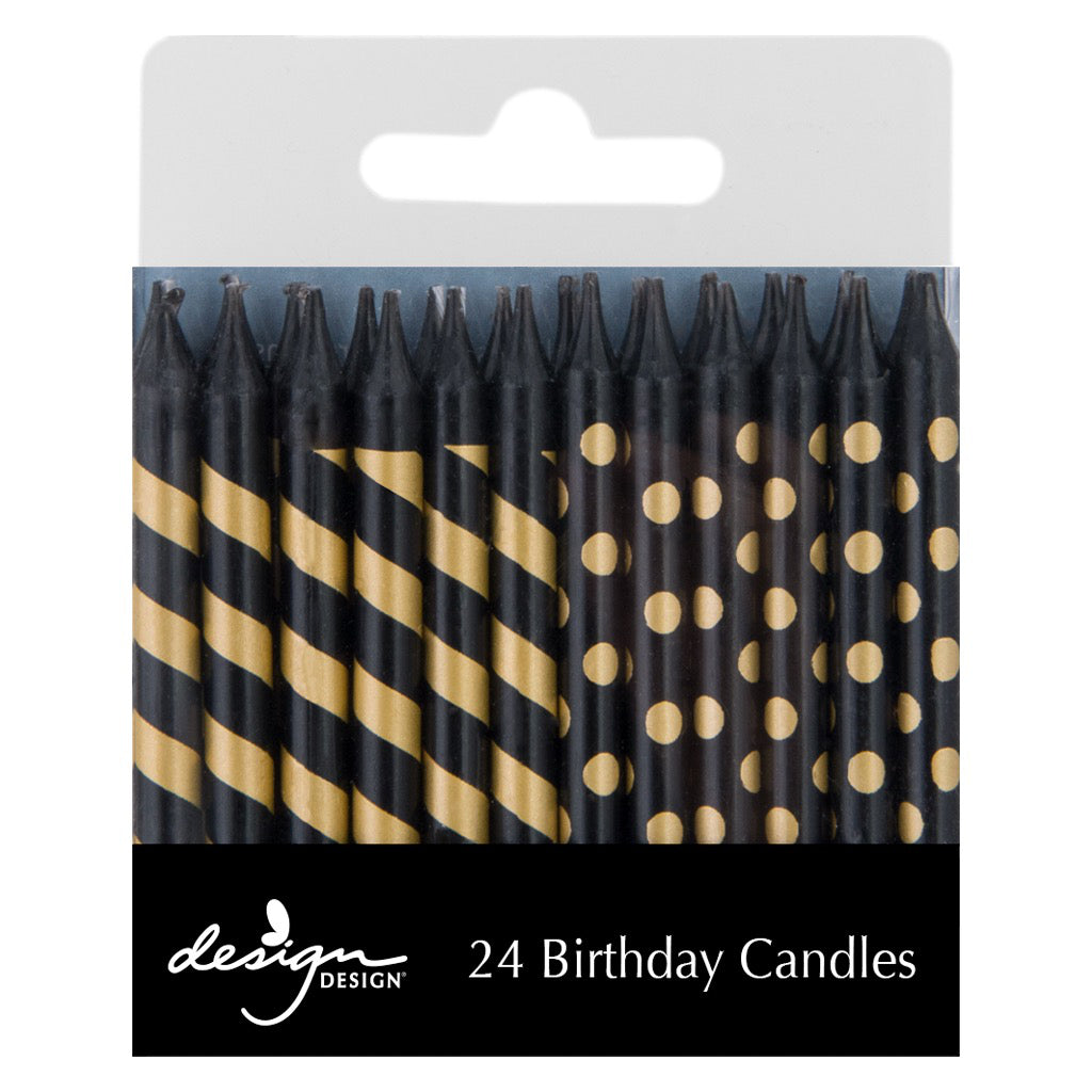 Black With Gold Stripes & Dots Birthday Candles.
