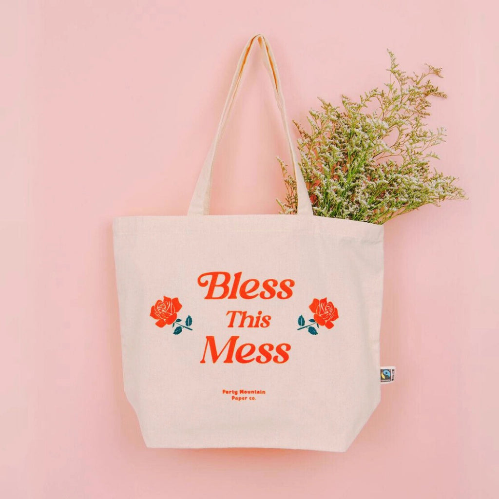 Bless This Mess Organic Canvas Tote with flowers.