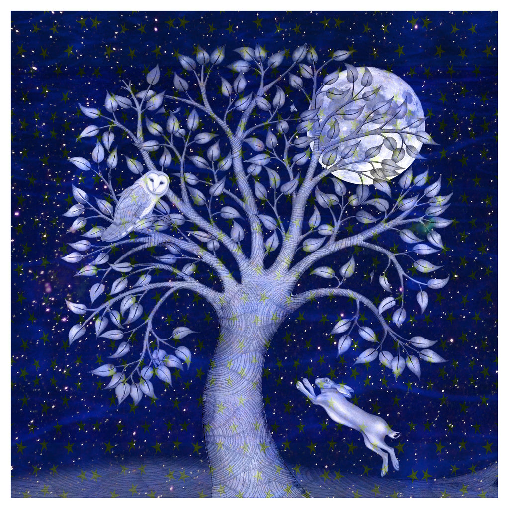 Blue Winter Tree And Moon Card