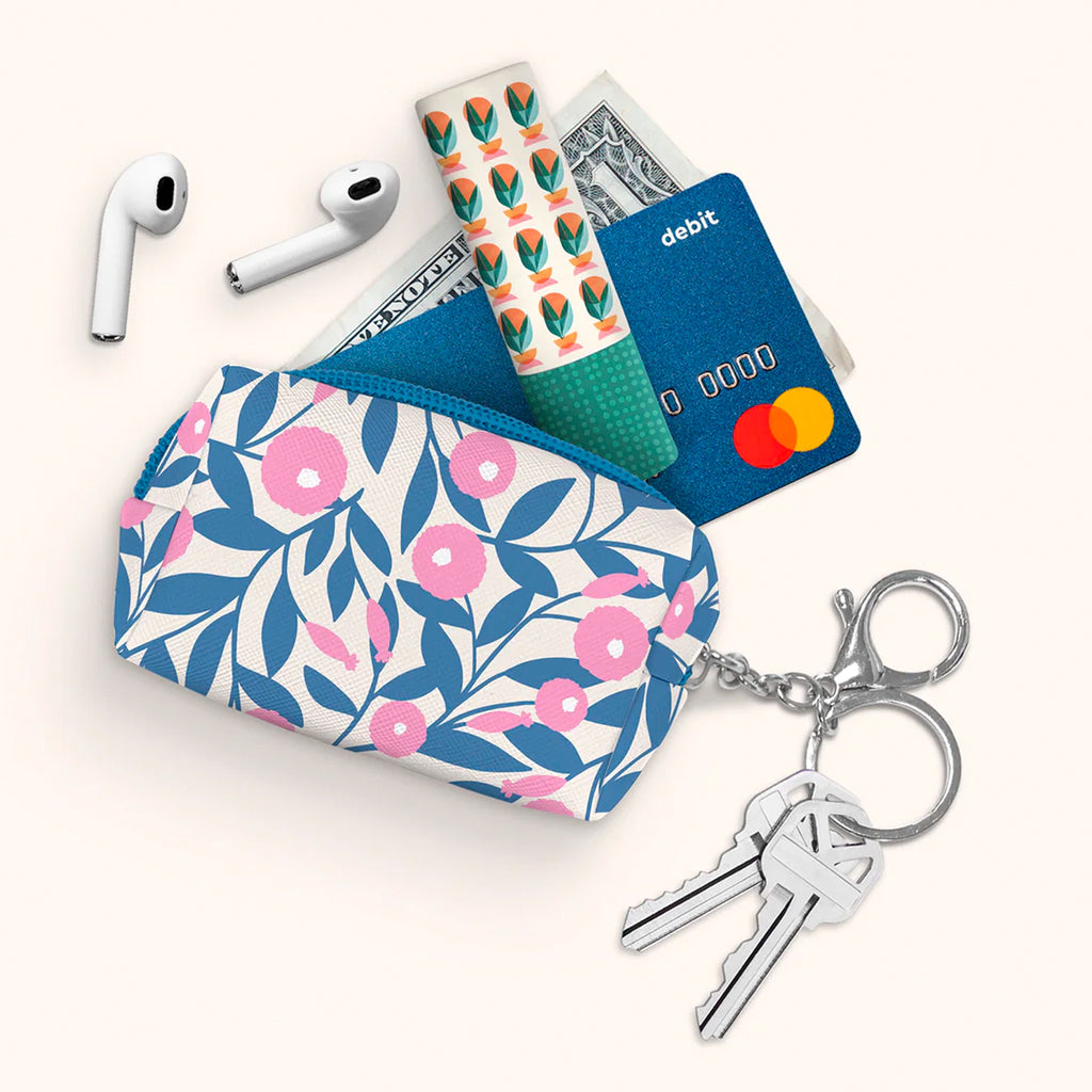 Blushing Dahlias Key Chain Pouch with contents.