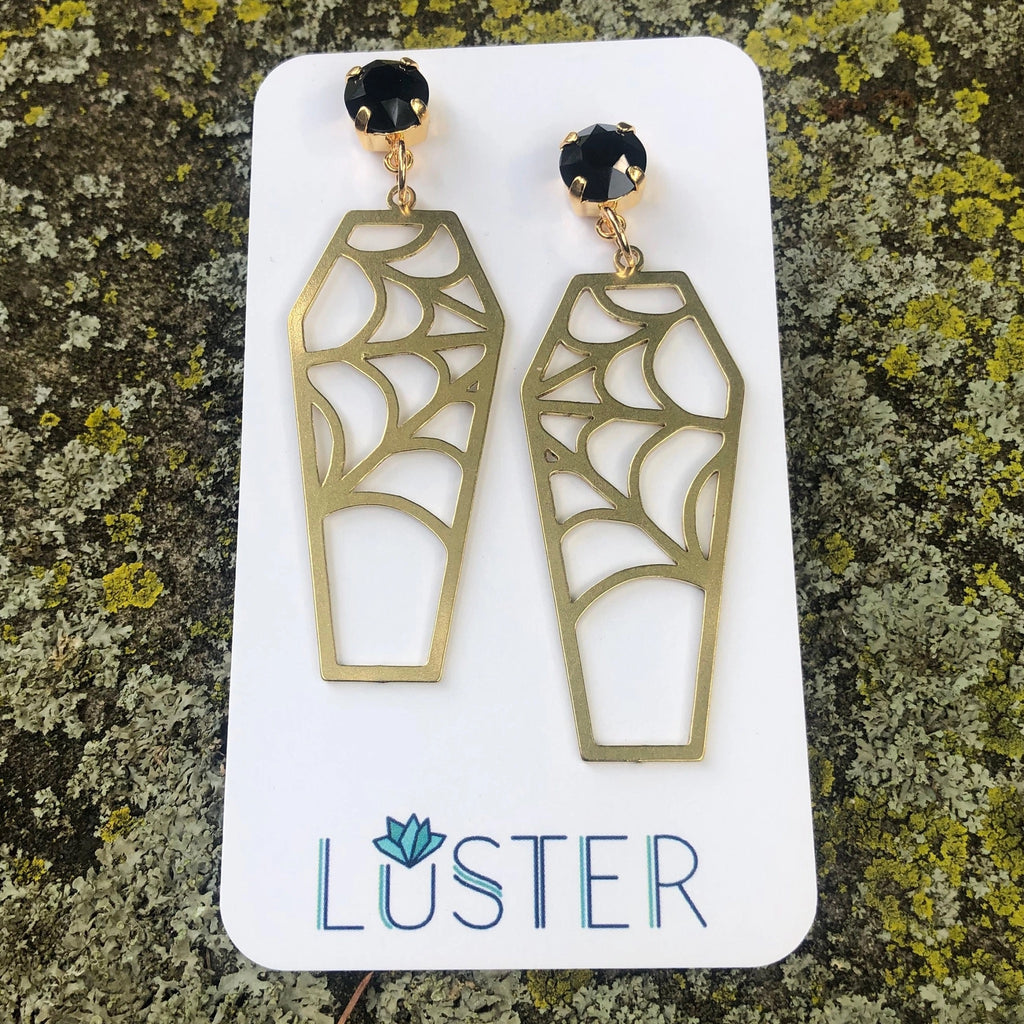 Brass Cobweb Coffin Earrings.