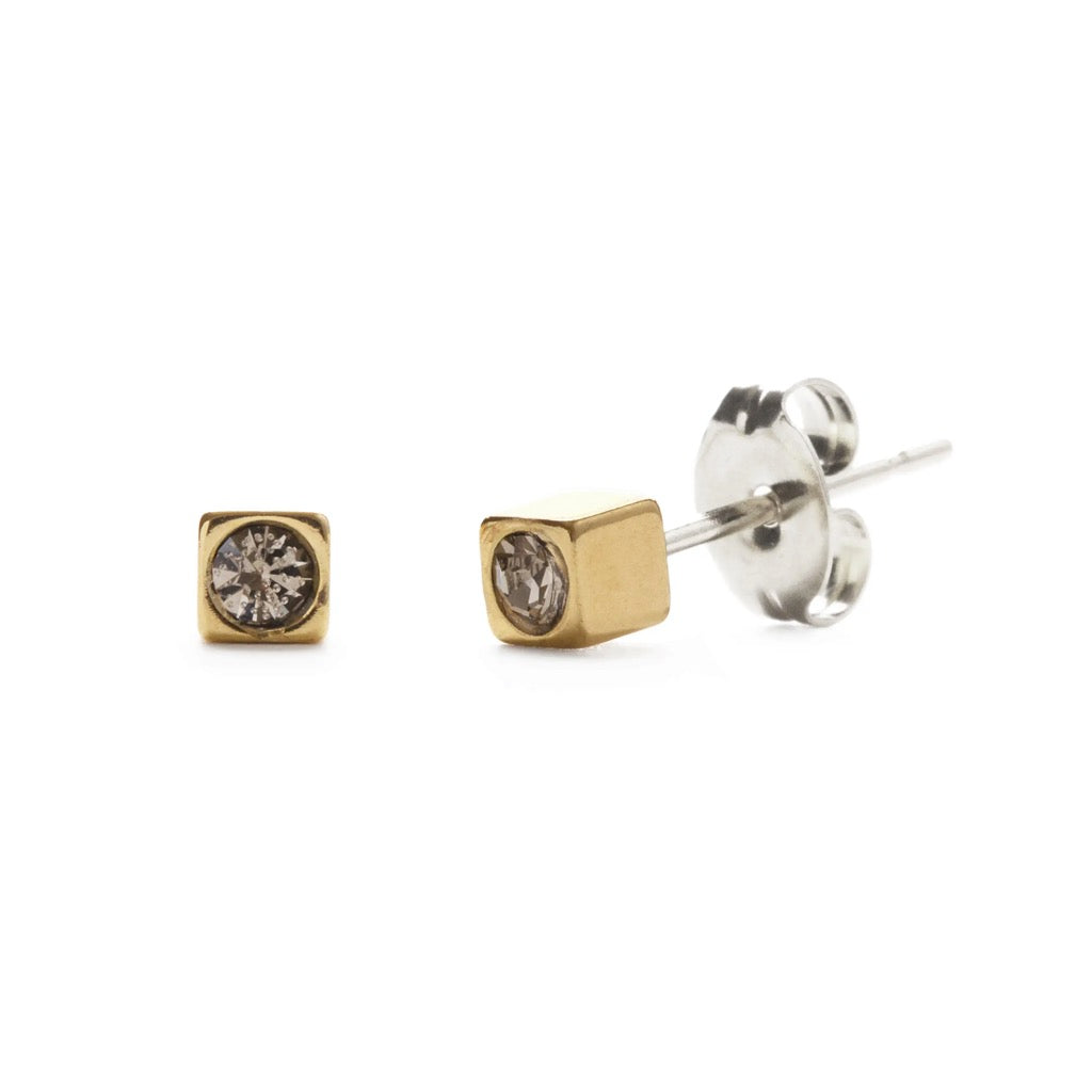 Brass Cube with Crystal Stud Earrings