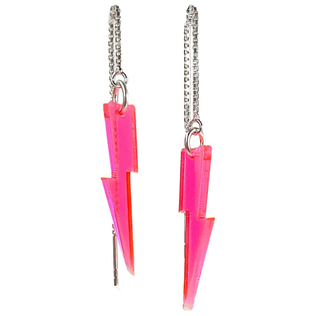 Bright Baby Bolts Ear Threaders Pink with chain folded over.
