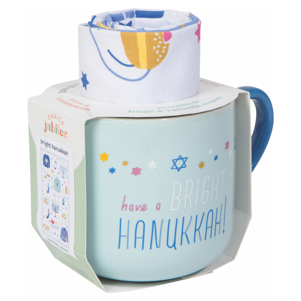 Bright Hanukkah Mug and Dishtowel Set packaging.