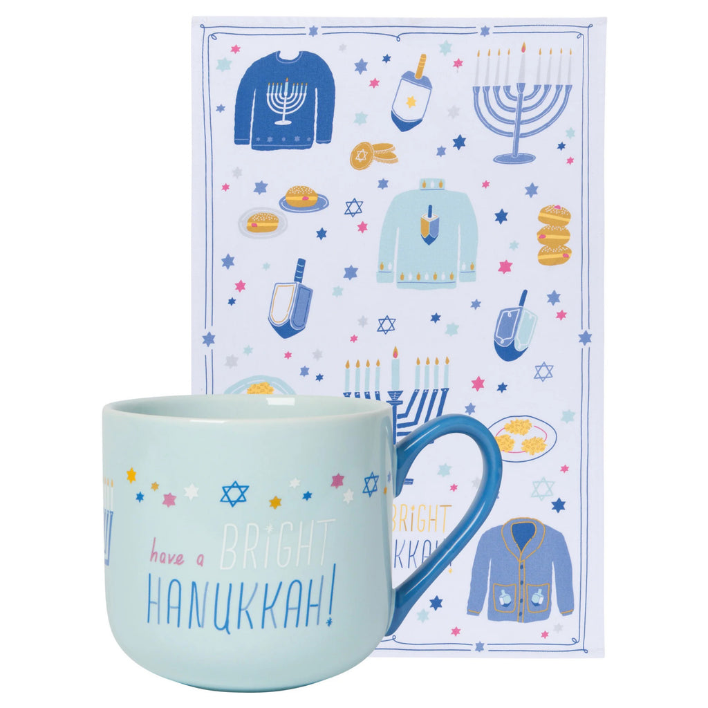 Bright Hanukkah mug and dishtowel set.