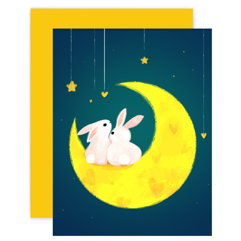 Bunnies On Crescent Moon Card