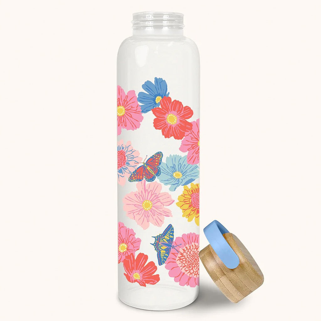 Butterfly Blossoms Glass Water Bottle with Bamboo Lid open.