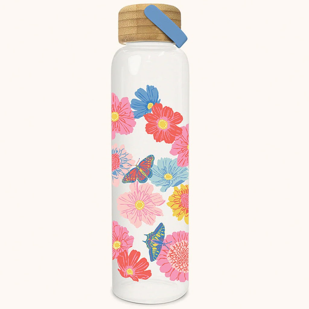 Butterfly Blossoms Glass Water Bottle with Bamboo Lid.