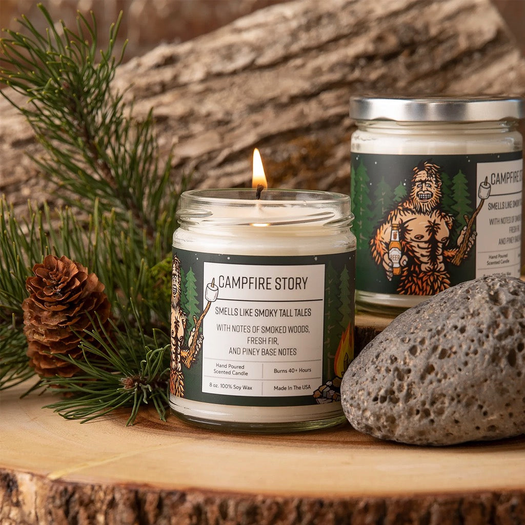 Campfire Story 8oz Soy Candle lit.