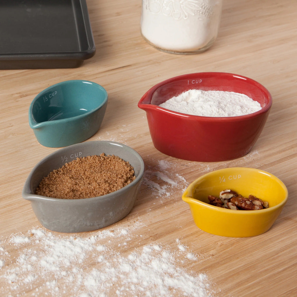 Canyon stoneware measuring cups on counter being used.