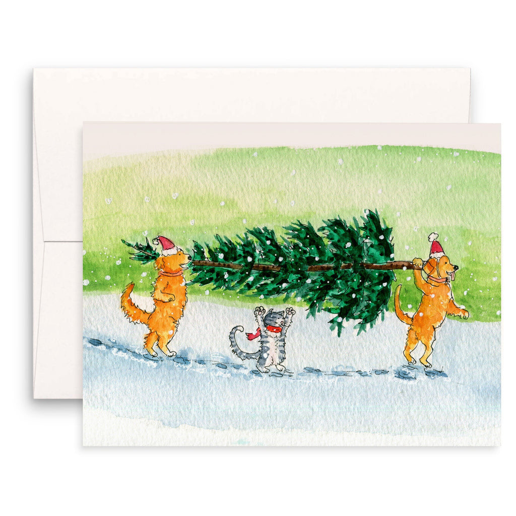 Cat  Dogs Carrying Tree Holiday Card