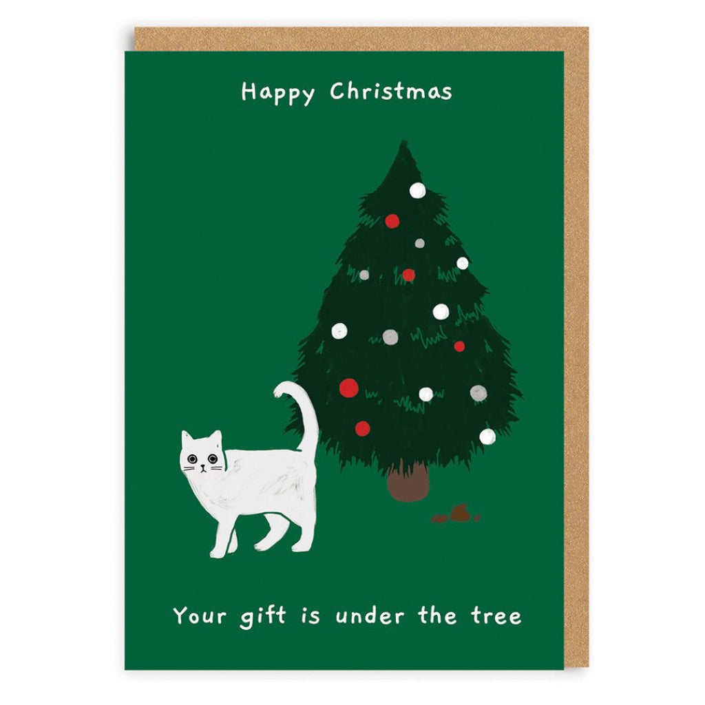 Cat Gift Under The Tree Card