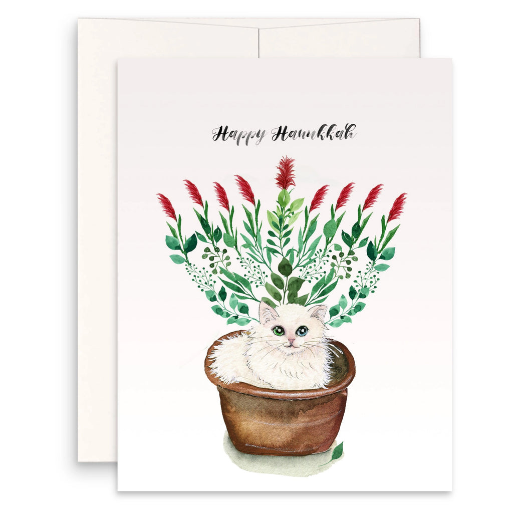 Cat In Menorah Plant Hanukkah Card