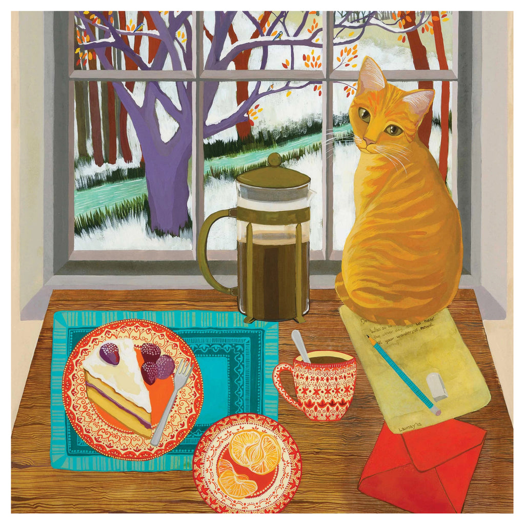 Cat With Coffee  Cake By Window Card