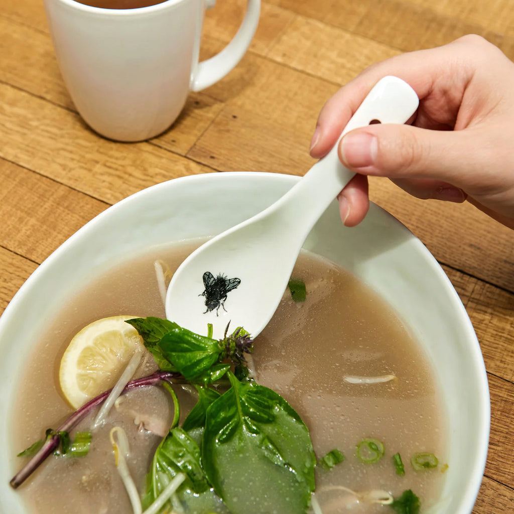 Ceramic Fly Spoons in soup.