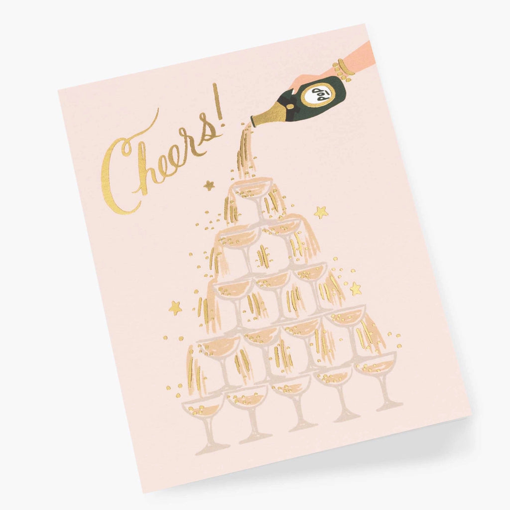 Champagne Tower Cheers Wedding Card close up.