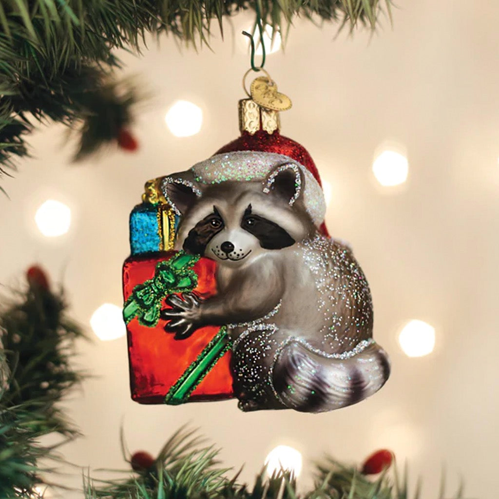 Christmas Bandit Raccoon Ornament in tree.