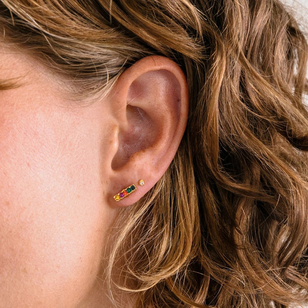 Close-up view of Jewel Tone Bar Stud Earrings.