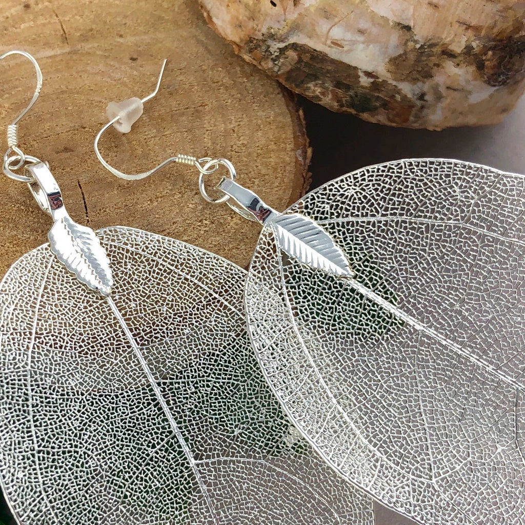 Close-up view of Real Leaf Earrings Sterling Silver.