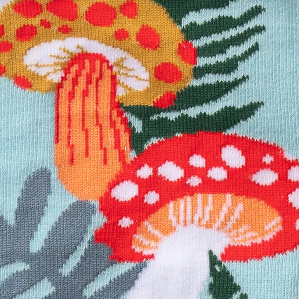 Close-up view of Wonderland Mushrooms Knee High Socks.