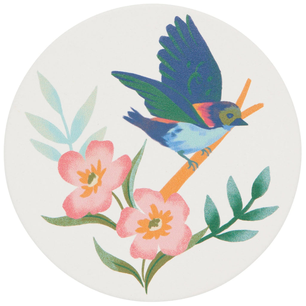 Coaster with bird and flowerss.