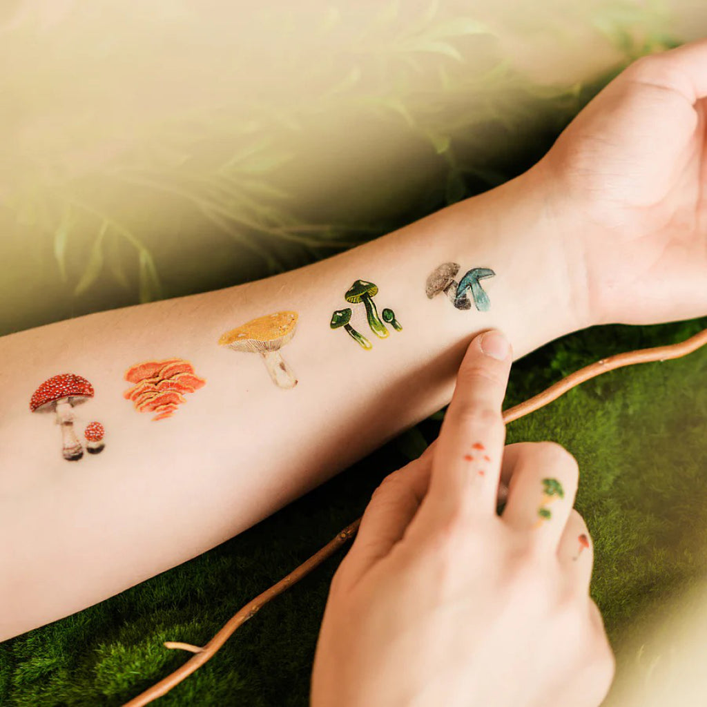 Colorful Mushrooms Tattoos on wrist.