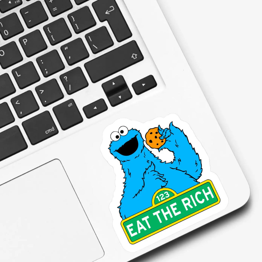 Cookie Monster Eat the Rich Sticker on computer.