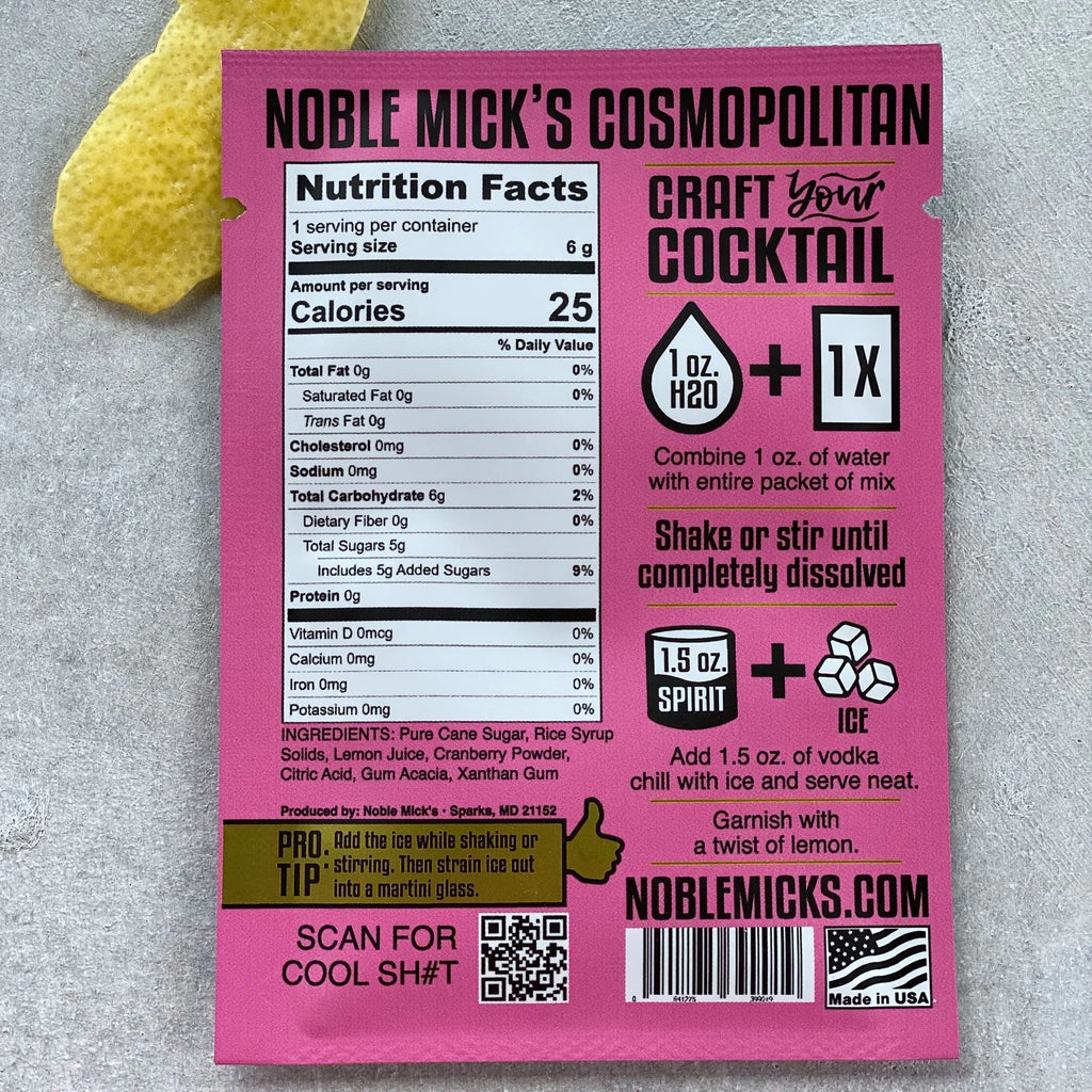 Cosmopolitan Single Serve Cocktail Mix back of package.