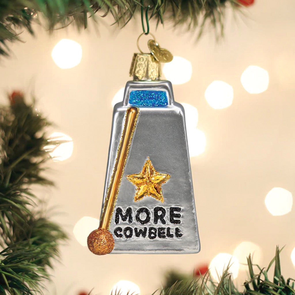 Cowbell Ornament in tree.