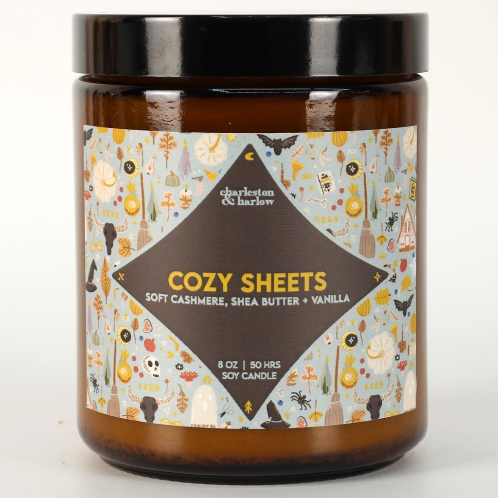 Cozy Sheets Soy Wax Candle front view.