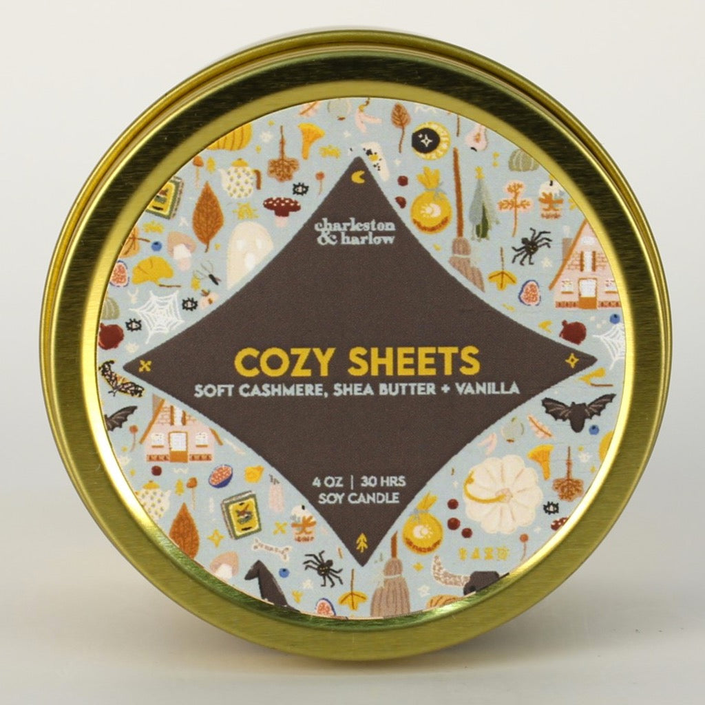 Cozy Sheets Soy Wax Candle Travel Tin top view.