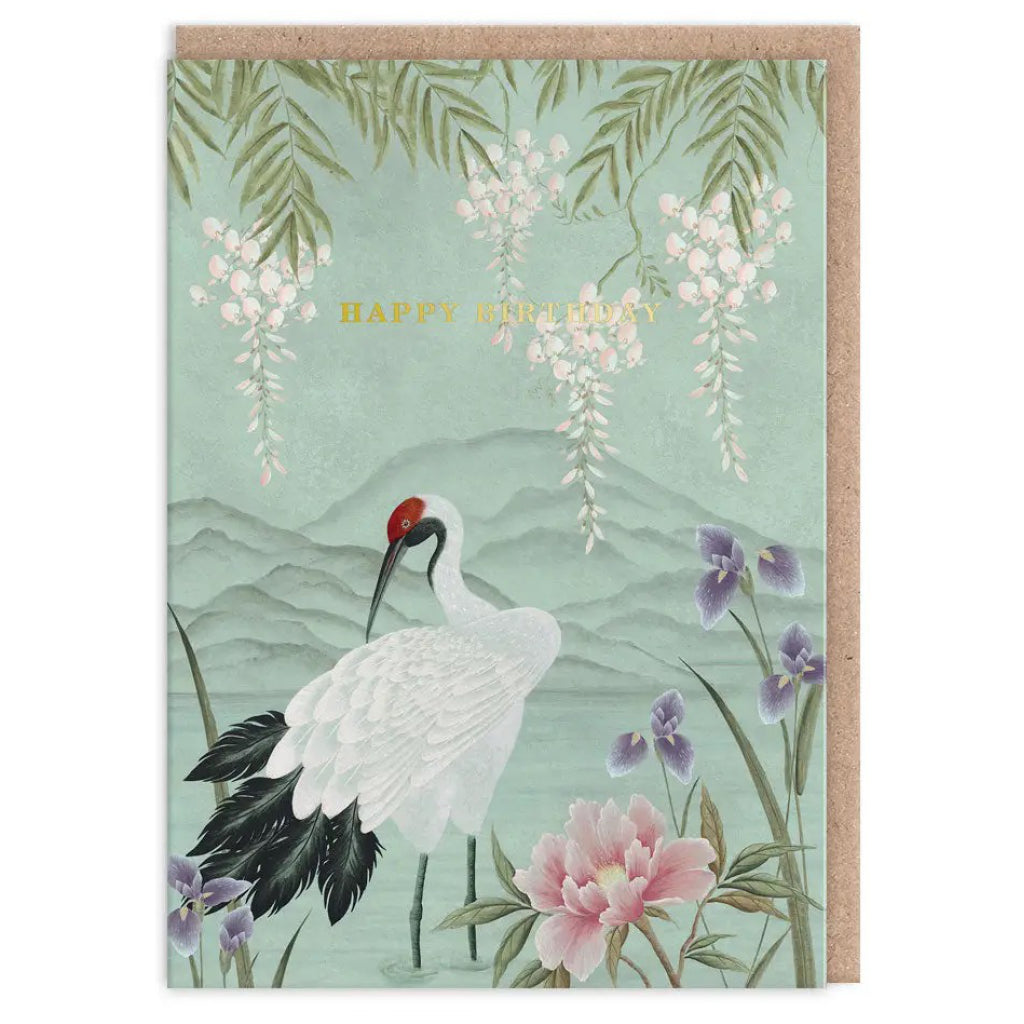 Crane And Mountain Birthday Card.